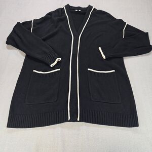 CAbi Black Open Front Cardigan Ivory Trim Pockets Women’s Large